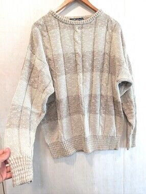 VINTAGE Neutral Striped Cable Knit Oversized Baggy Grandpa Sweater Size Large